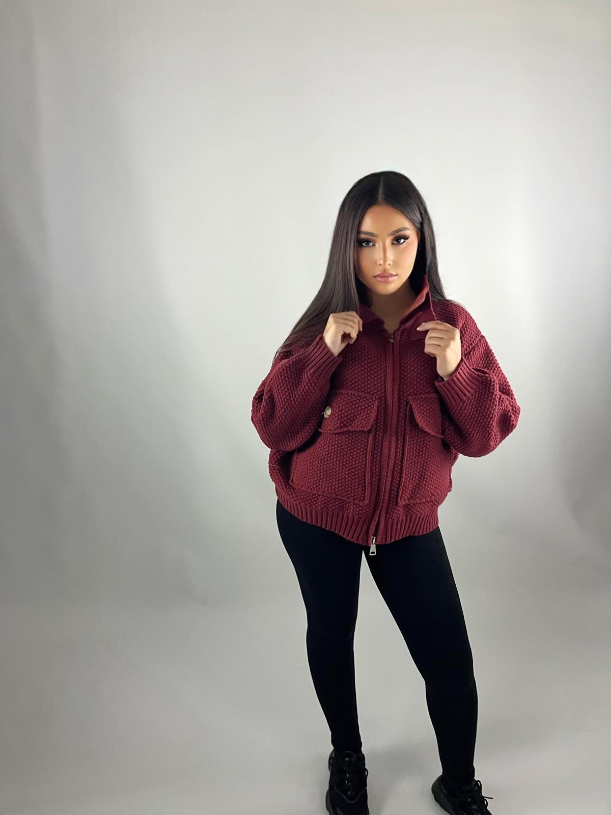 Veste en maille zippé bordeaux